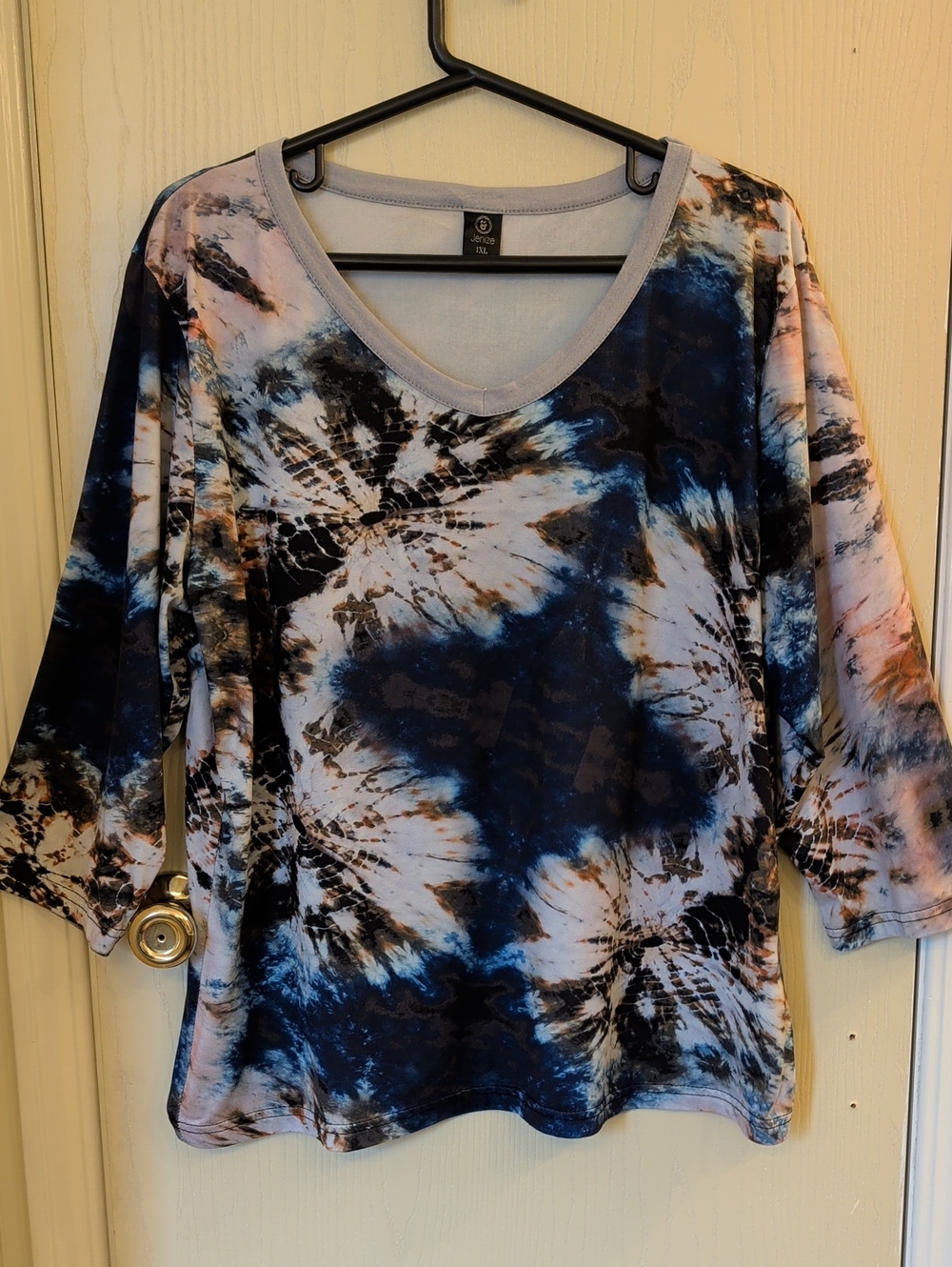 Jenize Tie Dye Top Blue Multi V Neck 3/4 Sleeve Women’s Plus Size 1XL